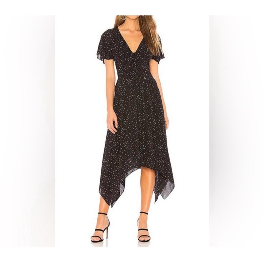 Joie Sz‎ 4 Tamyra Heart Print Midi Dress Asymmetrical Hem Ruffle Sleeve Cocktail